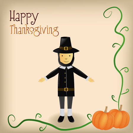 a colored background with an isolated man with traditional clothes, text and pumpkinsのイラスト素材