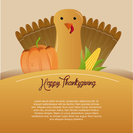 a colored background with a turkey, a pumpkin, a cob and text for thanksgivingのイラスト素材