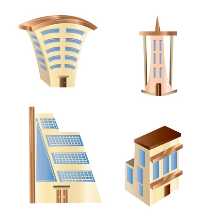 a set of colored buildings and houses on a white backgroundのイラスト素材