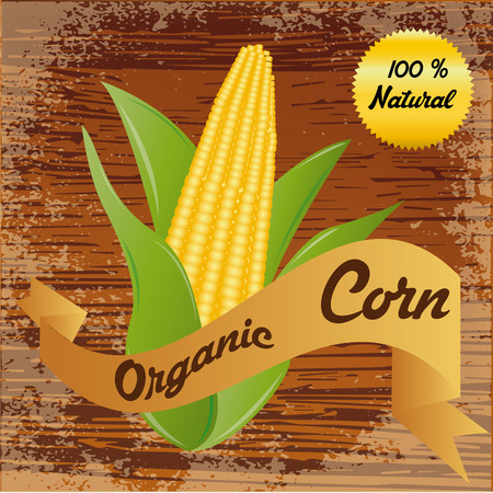 an isolated corn on a wooden background with a ribbon with textのイラスト素材