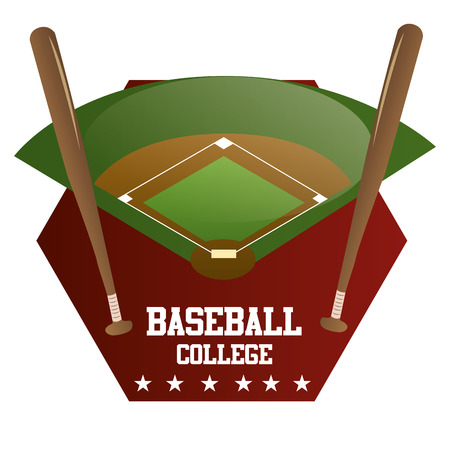 an isolated label with a baseball field, a pair of wooden bats and textのイラスト素材