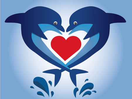 a pair of dolphins and a red heart on a blue backgroundのイラスト素材