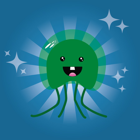 an isolated green happy jellyfish on a blue backgroundのイラスト素材