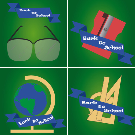 a set of green backgrounds with blue ribbons and different school suppliesのイラスト素材