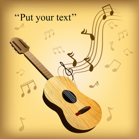 an isolated wooden guitar on a colored background with musical notesのイラスト素材