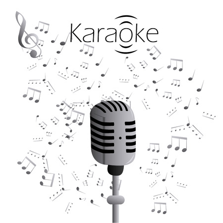 a grey microphone on a white background with text and musical notesのイラスト素材
