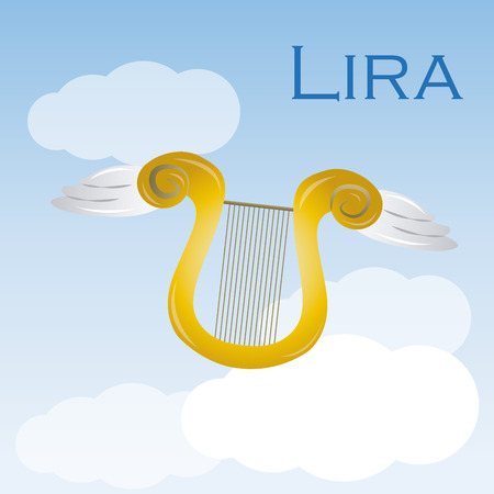 a blue sky with text, clouds and a lira with angel wingsのイラスト素材