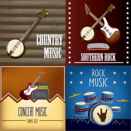 a set of colored backgrounds with different musical instruments and textのイラスト素材