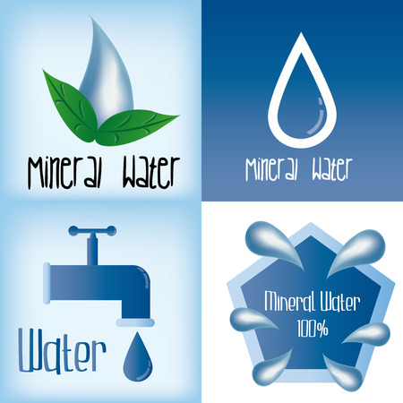 a set of blue backgrounds and labels with text and mineral water dropsのイラスト素材