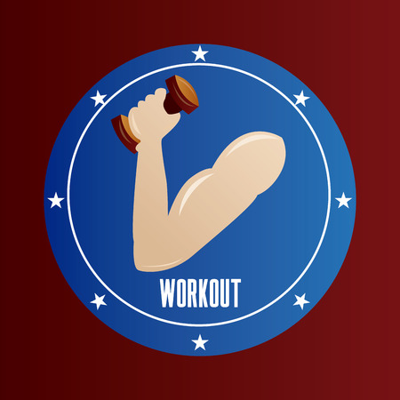 an isolated blue round label with text and an arm with a weightのイラスト素材