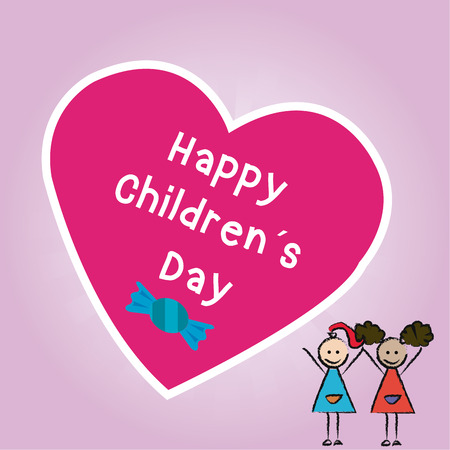 a pair of girls and a heart with text and a candy for children's dayのイラスト素材