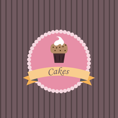 a pink label with text, a ribbon and a cupcake on a textured backgroundのイラスト素材