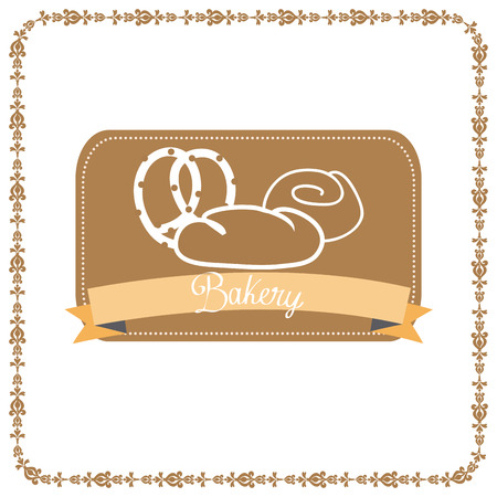 a brown label with a ribbon with text and bakery icons on a white backgroundのイラスト素材