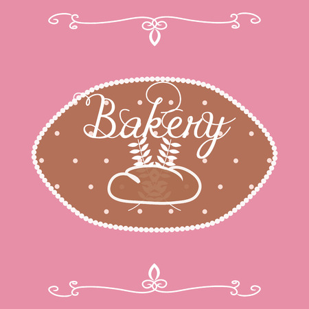 a brown label with text, wheats and a bread on a pink backgroundのイラスト素材