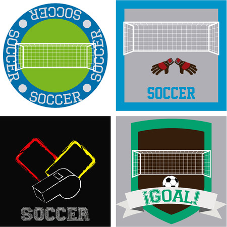 Set of colored backgrounds and labels with soccer elements. Vector illustrationのイラスト素材
