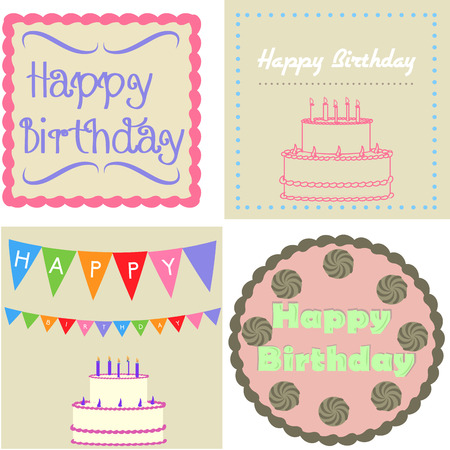 Set of colored backgrounds with text and birthday elements. Vector illustrationのイラスト素材