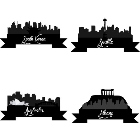 Set of skylines with monuments on a white background. Vector illustrationのイラスト素材