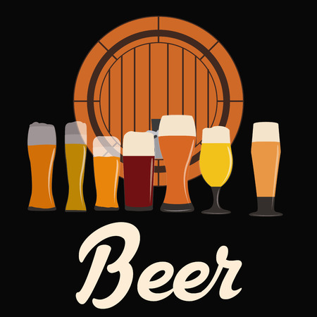 Group of beer glasses and mugs with a wooden barrel. Vector illustrationのイラスト素材