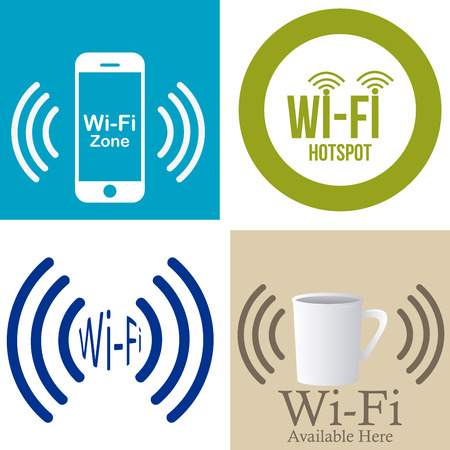 Set of colored backgrounds with text and elements for wifi hotspots. Vector illustrationのイラスト素材