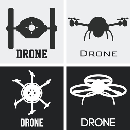 Set of silhouettes of drones on a white and black backgrounds. Vector illustrationのイラスト素材