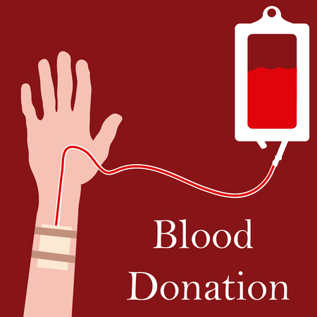 Red background with a blood bag and a hand. Vector illustrationのイラスト素材