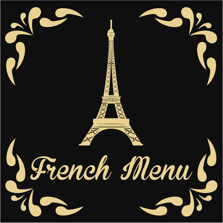 Black menu design with vintage decoration and a silhouette of the eiffel tower. Vector illustrationのイラスト素材