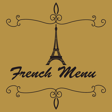 Isolated silhouette of the eiffel tower on a menu design with text. Vector illustrationのイラスト素材