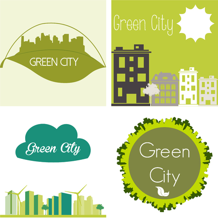 Set of green backgrounds with clean citiesのイラスト素材