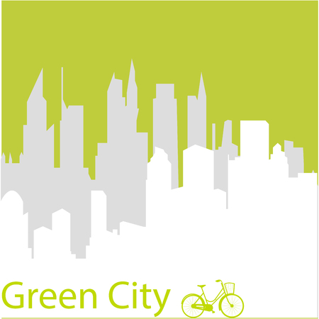 Green background with text and a white skylineのイラスト素材