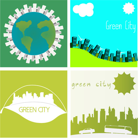 Set of green backgrounds with clean citiesのイラスト素材