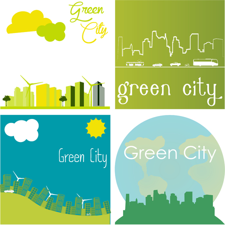 Set of green backgrounds with clean citiesのイラスト素材