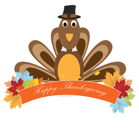 Isolated turkey with a traditional hat and a ribbon with text for thanksgiving dayのイラスト素材