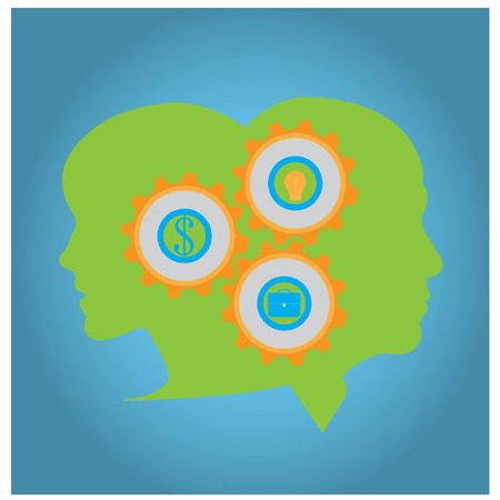 Silhouettes of heads and some gear with different iconsのイラスト素材