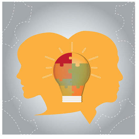 Silhouettes of heads and a lightbulb with a puzzleのイラスト素材