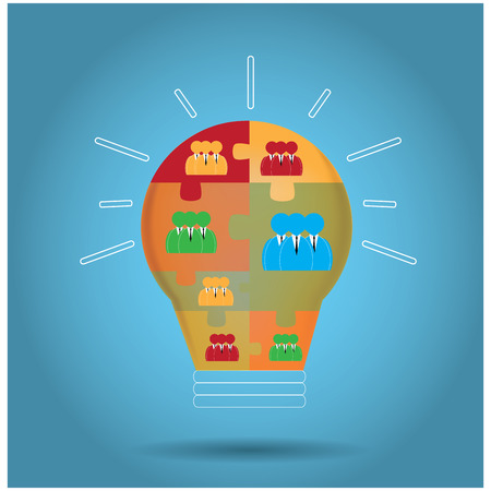 Isolated lightbulb with puzzle pieces and different iconsのイラスト素材