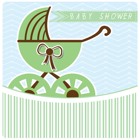 Blue background with text and a stroller for baby showersのイラスト素材