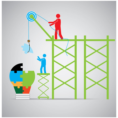 Conceptual illustration of teamwork with a group of people and a lightbulbのイラスト素材