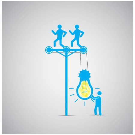 Group of people working together to turn on a lightbulb on a grey backgroundのイラスト素材