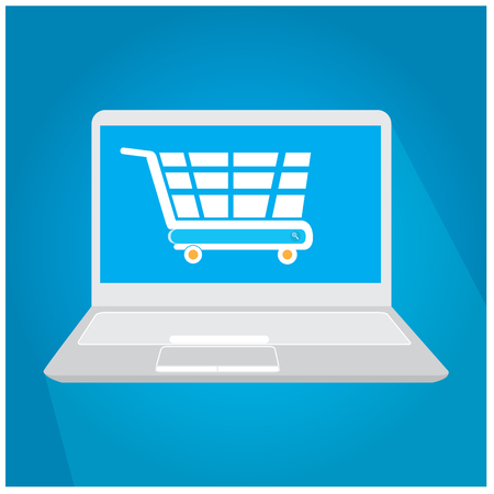 Isolated computer with a shopping cart icon on a blue backgroundのイラスト素材