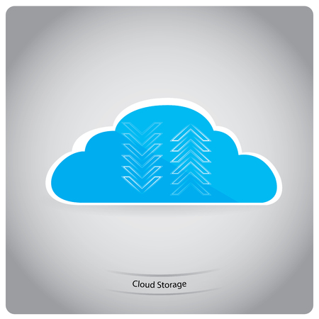 Isolated blue cloud with a pair of arrows and text on a grey backgroundのイラスト素材