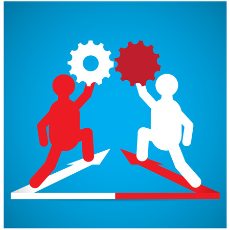 Pair of people with gears and arrows on a blue backgroundのイラスト素材