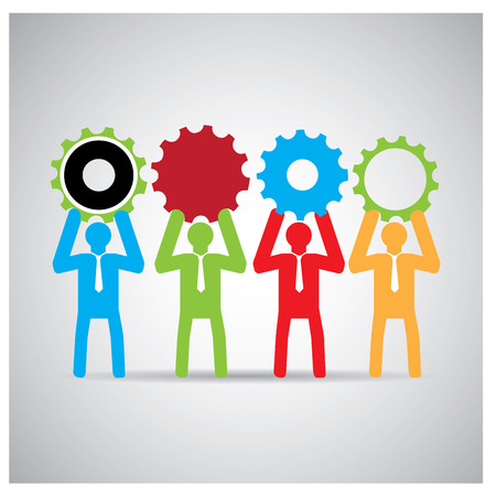 Group of people holding pieces of gear on a grey backgroundのイラスト素材