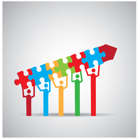 Group of people holding pieces of a puzzle on a grey backgroundのイラスト素材