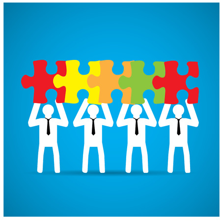 Group of people holding pieces of a puzzle on a blue backgroundのイラスト素材