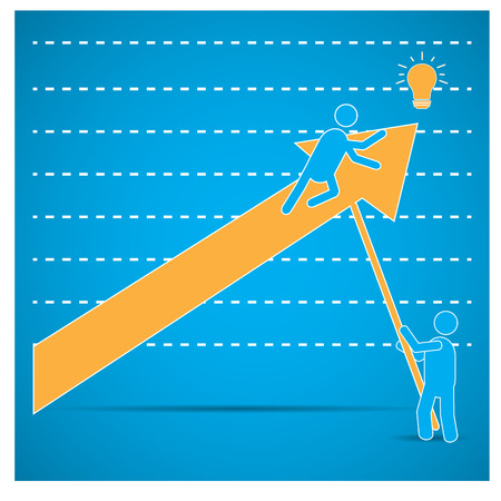 Group of people working together to reach a lightbulb on a blue backgroundのイラスト素材
