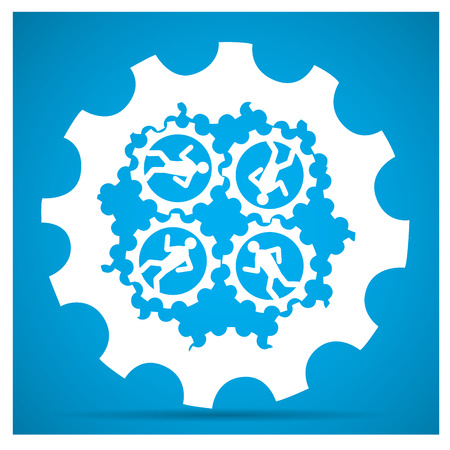 Group of people working together on pieces of gear on a blue backgroundのイラスト素材