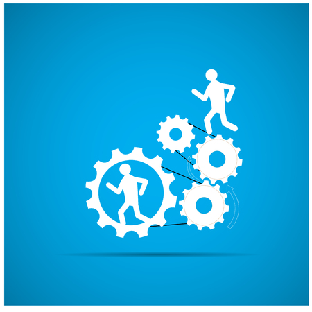Group of people working together with pieces of gear on a blue backgroundのイラスト素材