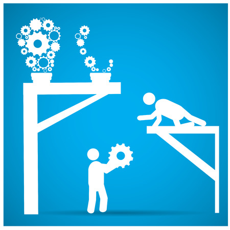 Group of people working together to build lightbulbs on a blue backgroundのイラスト素材