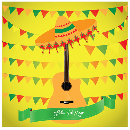 Yellow background with ornaments, text, a guitar and a traditional hatのイラスト素材
