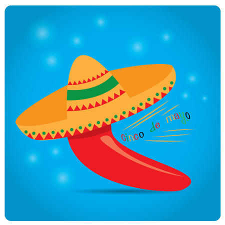Blue background with text and a pepper with a traditional hatのイラスト素材